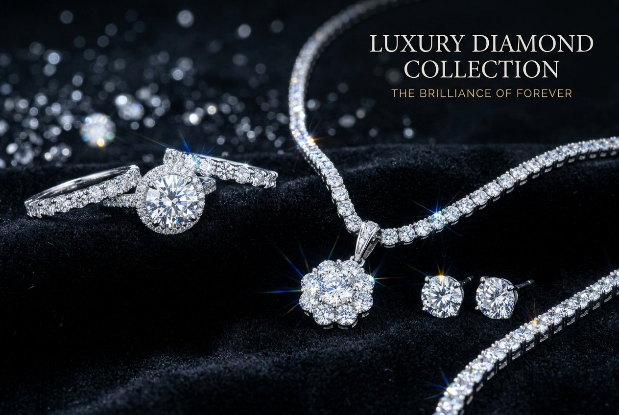 Sparkling brilliant-cut diamond rings, necklaces and earrings on dark velvet
