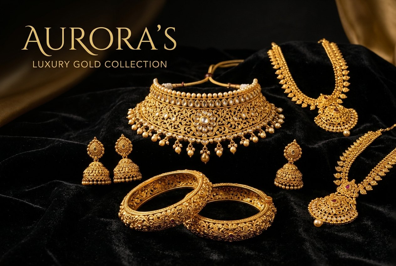 Ornate 22K gold necklaces, bangles and earrings on black velvet