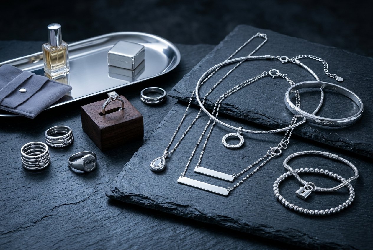 Elegant sterling silver necklaces, rings and bracelets on dark slate